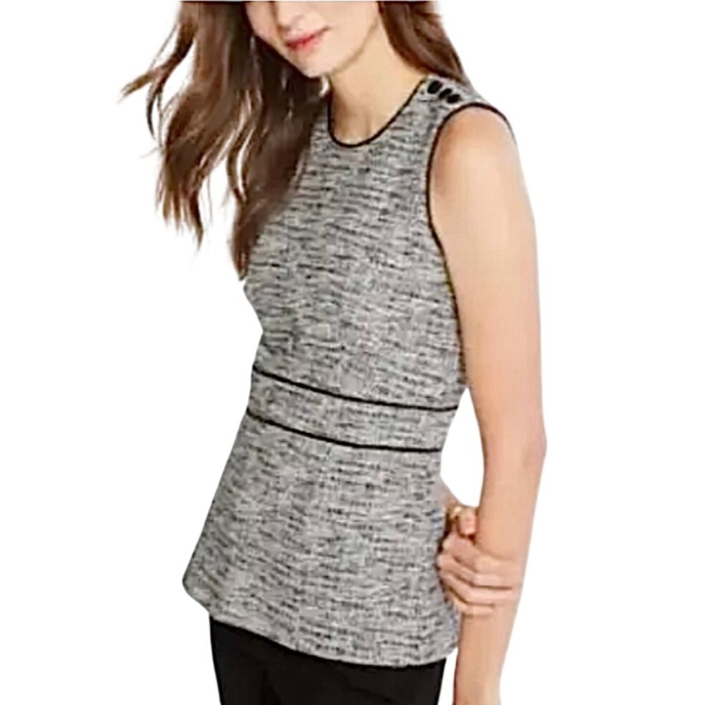 Ann‎ Taylor Tweed Piped Peplum Top Sleeveless LP Petite Black White Workwear